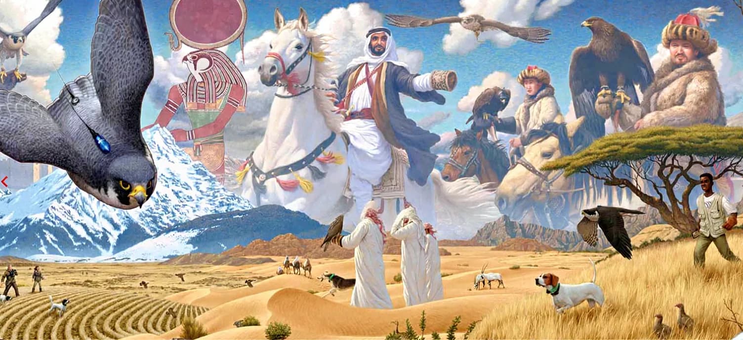 صقّارون من أنحاء العالم وعبر التاريخ: صقّارون عرب على ظهور الخيل، وصيّادو النسور الكازاخ، وشاهين ينقضّ، وصقّارون من تقاليد شتّى يجمعهم مشهد واحد.